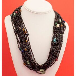 Vintage Black Beaded Many Strands Long Boho 23 Inch - F6